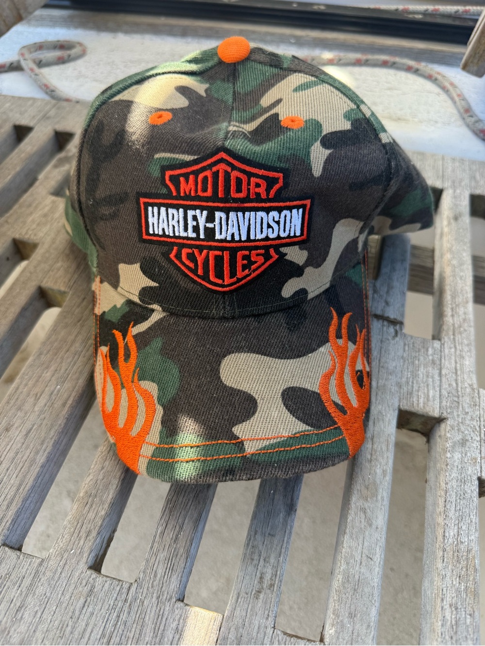 Harley-Davidson Camouflage Hat with Orange Flame Embroidery